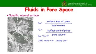 Kwame Nkrumah University of
Science & Technology, Kumasi, Ghana
Fluids in Pore Space
 Specific internal surface
Stotal=
Spor=
Stotal = Spor
Unit: m2/m3 = m-1 usually µm-1
surface area of pores
total volume
surface area of pores
pore volume
 