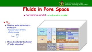 Kwame Nkrumah University of
Science & Technology, Kumasi, Ghana
Fluids in Pore Space
 Formation model - a volumetric model
mobile
residual
mobile
irreducible
oil and/or gas
free water
bound water
dry solids
dry clay
silt
1
2
3
trapped in shale
locked on surface
locked in molecule
rock type 1
rock type 2
rock type 3
rock type 4
e
t
Vsh
Vclay
Vsilt
Vrock=1-Vsh-e
shale
porosity
matrix rock
 Swe:
 Effective water saturation is
the ratio of:
- free water volume (BVW) to
- effective porosity
 This is the standard definition
of “water saturation”
 