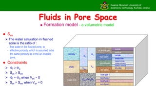 Kwame Nkrumah University of
Science & Technology, Kumasi, Ghana
Fluids in Pore Space
 Formation model - a volumetric model
mobile
residual
mobile
irreducible
oil and/or gas
free water
bound water
dry solids
dry clay
silt
1
2
3
trapped in shale
locked on surface
locked in molecule
rock type 1
rock type 2
rock type 3
rock type 4
e
t
Vsh
Vclay
Vsilt
Vrock=1-Vsh-e
shale
porosity
matrix rock
 Sxo
 The water saturation in flushed
zone is the ratio of :
- free water in the flushed zone, to
- effective porosity, which is assumed to be
the same porosity as in the un-invaded
zone.
 Constraints
 t  e
 Swt  Swe
 t = e when Vsh = 0
 Swt = Swe when Vsh = 0
 