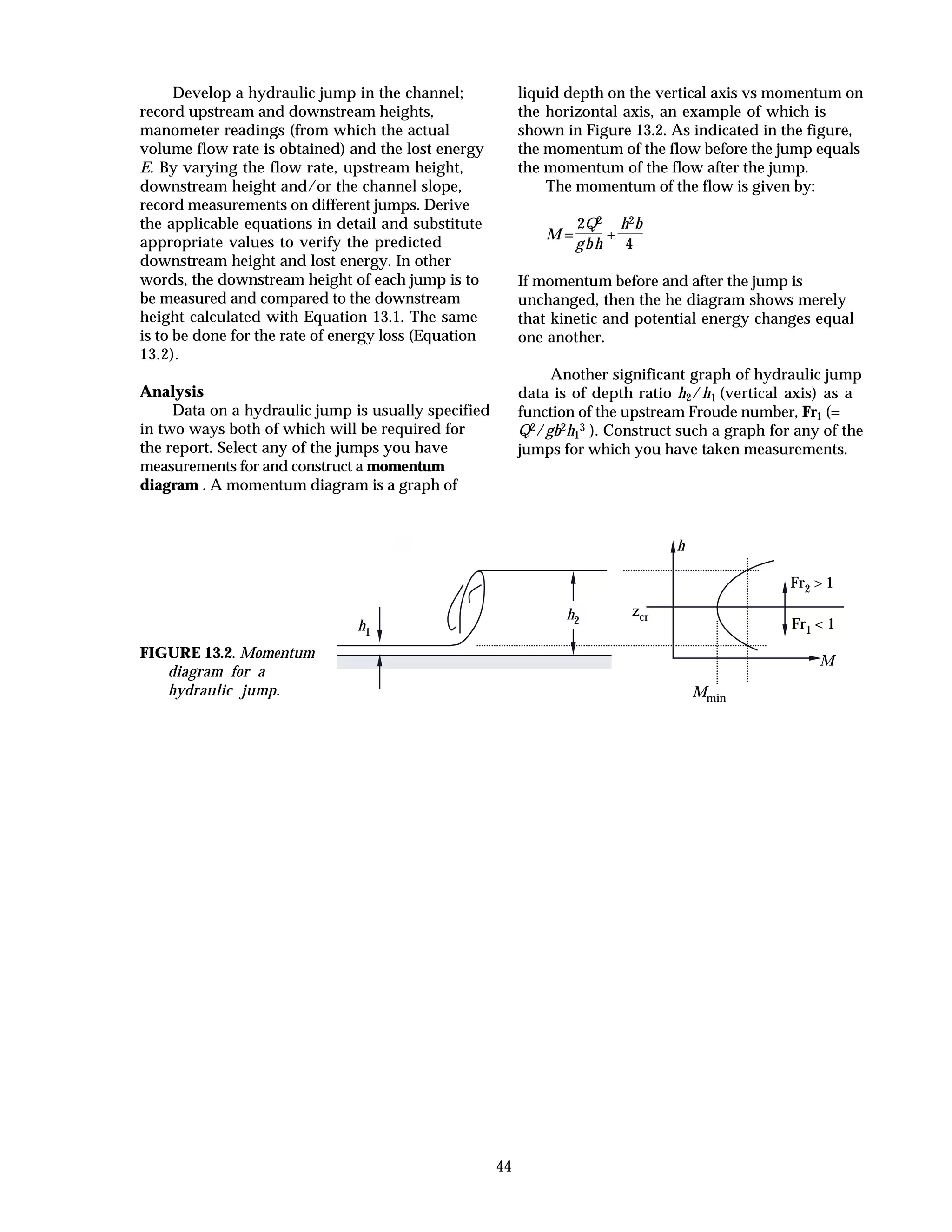 44
Develop a hydraulic jump in the channel;
record upstream and downstream heights,
manometer readings (from which the actual
volume flow rate is obtained) and the lost energy
E. By varying the flow rate, upstream height,
downstream height and/or the channel slope,
record measurements on different jumps. Derive
the applicable equations in detail and substitute
appropriate values to verify the predicted
downstream height and lost energy. In other
words, the downstream height of each jump is to
be measured and compared to the downstream
height calculated with Equation 13.1. The same
is to be done for the rate of energy loss (Equation
13.2).
Analysis
Data on a hydraulic jump is usually specified
in two ways both of which will be required for
the report. Select any of the jumps you have
measurements for and construct a momentum
diagram . A momentum diagram is a graph of
liquid depth on the vertical axis vs momentum on
the horizontal axis, an example of which is
shown in Figure 13.2. As indicated in the figure,
the momentum of the flow before the jump equals
the momentum of the flow after the jump.
The momentum of the flow is given by:
M =
2Q2
gbh
+
h2b
4
If momentum before and after the jump is
unchanged, then the he diagram shows merely
that kinetic and potential energy changes equal
one another.
Another significant graph of hydraulic jump
data is of depth ratio h2/h1 (vertical axis) as a
function of the upstream Froude number, Fr1 (=
Q2/gb2h1
3 ). Construct such a graph for any of the
jumps for which you have taken measurements.
FIGURE 13.2. Momentum
diagram for a
hydraulic jump.
h1
h
M
Fr1 < 1
Fr2 > 1
zcr
Mmin
h2
 