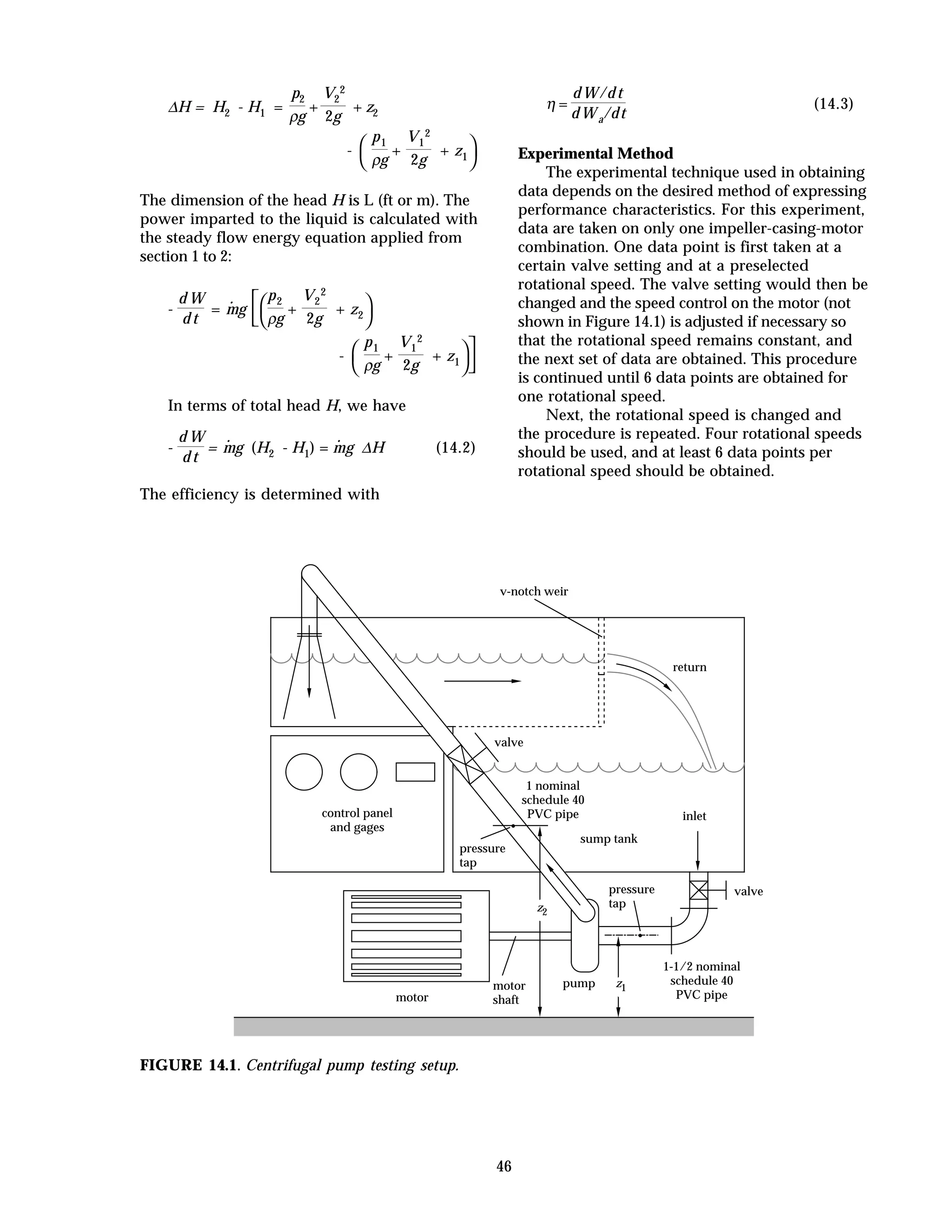 46
∆H = H2 - H1 =
p2
ρg
+
V2
2
2g
+ z2
-




p1
ρg
+
V1
2
2g
+ z1
The dimension of the head H is L (ft or m). The
power imparted to the liquid is calculated with
the steady flow energy equation applied from
section 1 to 2:
-
d W
d t
= m
·
g






p2
ρg
+
V2
2
2g
+ z2
-






p1
ρg
+
V1
2
2g
+ z1
In terms of total head H, we have
-
d W
d t
= m
·
g (H2 - H1) = m
·
g ∆H (14.2)
The efficiency is determined with
η =
d W / d t
d W a/dt
(14.3)
Experimental Method
The experimental technique used in obtaining
data depends on the desired method of expressing
performance characteristics. For this experiment,
data are taken on only one impeller-casing-motor
combination. One data point is first taken at a
certain valve setting and at a preselected
rotational speed. The valve setting would then be
changed and the speed control on the motor (not
shown in Figure 14.1) is adjusted if necessary so
that the rotational speed remains constant, and
the next set of data are obtained. This procedure
is continued until 6 data points are obtained for
one rotational speed.
Next, the rotational speed is changed and
the procedure is repeated. Four rotational speeds
should be used, and at least 6 data points per
rotational speed should be obtained.
•
sump tank
inlet
valve
valve
pump
motor
control panel
and gages
v-notch weir
return
1-1/2 nominal
schedule 40
PVC pipe
1 nominal
schedule 40
PVC pipe
pressure
tap
pressure
tap
•
z1
z2
motor
shaft
FIGURE 14.1. Centrifugal pump testing setup.
 