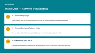 ANSW E R K E Y
Quick Quiz — Answers & Reasoning
1
C — Bernoulli's principle
Faster-moving air above the roof creates lower pressure than the still air inside, and the pressure difference lifts the roof.
2
C — Buoyant force partly balances weight
The upward buoyant force (Archimedes' principle) offsets part of the object's weight, so the scale reads less.
3
C — Densities of water and oil
Hydrostatic pressure depends on fluid density: p = ρgh. Water is denser than oil, so it exerts more pressure at the same depth.
General Science 11 — Fluids 12
 