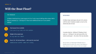 APP LY I T
Will the Boat Float?
THE PROBLEM
A hollow metal boat has a total volume of 2.0 m³ and a mass of 600 kg when empty. Will it
float on seawater (ρ = 1 025 kg/m³)? How much additional load can it carry before
sinking?
1
Max buoyant force available
F_B = ρ_sw × V × g = 1 025 × 2.0 × 9.8 ≈ 20 090 N
2
Weight of the empty boat
W = mg = 600 × 9.8 = 5 880 N
3
Since F_B > W, the boat floats — with room for more load
Additional load = (20 090 − 5 880) / 9.8 ≈ 1 450 kg
REMEMBER
A hollow shape submerges only part of its volume
until the water it displaces weighs as much as the
whole boat plus its load.
A wooden block (ρ ≈ 600 kg/m³) floating in fresh
water (ρ = 1 000 kg/m³) sits with about 60% of its
volume submerged — the ratio of the two densities.
Rescue teams use lightweight inflatable boats in
flooded areas for exactly this reason: they displace a
large volume of water relative to their own weight.
General Science 11 — Fluids 7
 