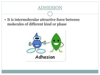 ADHESION
 It is intermolecular attractive force between
molecules of different kind or phase
 
