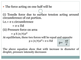  The force acting on one half will be
(i) Tensile force due to surface tension acting around
circumference of cut portion.
i.e.= σ x circumference
= σ x Πd
(ii) Pressure force on area
= p X (𝜋/4)𝑑2
At equilibrium, these two forces will be equal and opposite
p x (𝜋/4)𝑑2= σ x Πd
The above equation show that with increase in diameter of
droplet, pressure intensity decreases
p=
4σ
𝑑
 