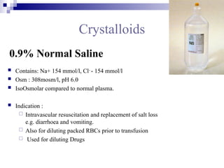 Crystalloids
0.9% Normal Saline
 Contains: Na+ 154 mmol/l, Cl-
- 154 mmol/l
 Osm : 308mosm/l, pH 6.0
 IsoOsmolar compared to normal plasma.
 Indication :
 Intravascular resuscitation and replacement of salt loss
e.g. diarrhoea and vomiting.
 Also for diluting packed RBCs prior to transfusion
 Used for diluting Drugs
 