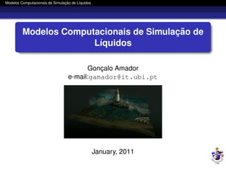 ¸˜
Modelos Computacionais de Simulacao de L´quidos
                                        ı




                                         ¸˜
         Modelos Computacionais de Simulacao de
                       L´quidos
                        ı

                                        Goncalo Amador
                                            ¸
                                  e-mail:gamador@it.ubi.pt




                                                  January, 2011
 