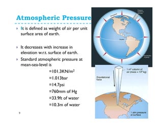 Atmospheric Pressure
9
It is defined as weight of air per unit
surface area of earth.
It decreases with increase in
elevation w.r.t. surface of earth.
Standard atmospheric pressure at
mean-sea-level is
=101.3KN/m2
=1.013bar
=14.7psi
=760mm of Hg
=33.9ft of water
=10.3m of water
 