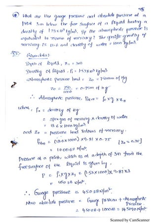 Fluid Statics Notes.pdf Unit I - Fluid statics Hand written notes | PDF