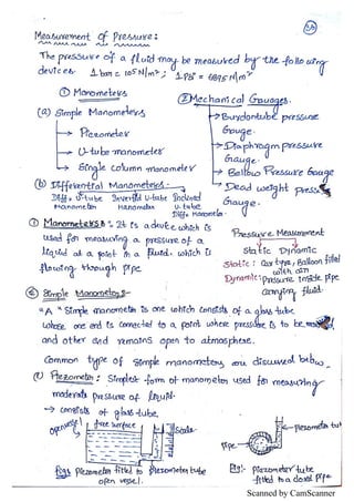 Fluid Statics Notes.pdf Unit I - Fluid statics Hand written notes | PDF