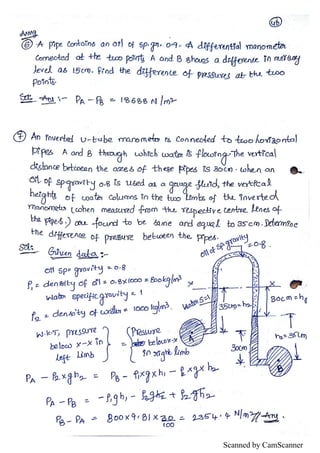 Unit I - Fluid statics Hand written notes | PDF