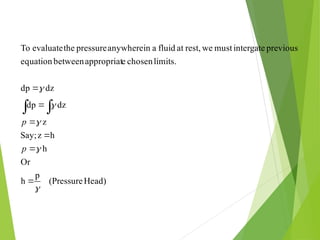 Head)
(Pressure
p
h
Or
h
h
z
Say;
z
dz
dp
dz
dp
limits.
chosen
e
appropriat
between
equation
previous
intergate
must
we
rest,
at
fluid
a
in
anywhere
pressure
the
evaluate
To











 
p
p
 