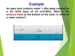 Example
An open tank contains water 1.40m deep covered by
a 2m thick layer of oil (s=0.855). What is the
pressure head at the bottom of the tank, in terms of
a water column?
 