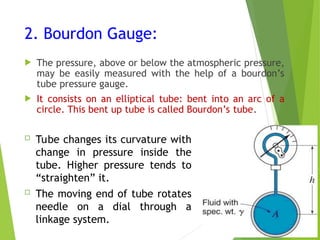 2. Bourdon Gauge:
 The pressure, above or below the atmospheric pressure,
may be easily measured with the help of a bourdon’s
tube pressure gauge.
 It consists on an elliptical tube: bent into an arc of a
circle. This bent up tube is called Bourdon’s tube.
 Tube changes its curvature with
change in pressure inside the
tube. Higher pressure tends to
“straighten” it.
 The moving end of tube rotates
needle on a dial through a
linkage system.
 
