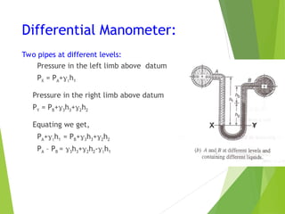 Differential Manometer:
Two pipes at different levels:
Pressure in the left limb above datum
PX = PA+h1
Pressure in the right limb above datum
PY = PB+3h3+2h2
Equating we get,
PA+h1 = PB+3h3+2h2
PA – PB = 3h3+2h2-h1
X Y
 