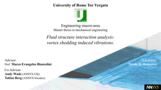 University of Rome Tor Vergata
Engineering macro-area
Master thesis in mechanical engineering
Advisor:
Prof. Marco Evangelos Biancolini
Co-Advisor:
Andy Wade (ANSYS-UK)
Tobias Berg (ANSYS-Sweden)
Candidate:
Nicolò Di Domenico
Fluid structure interaction analysis:
vortex shedding induced vibrations.
 