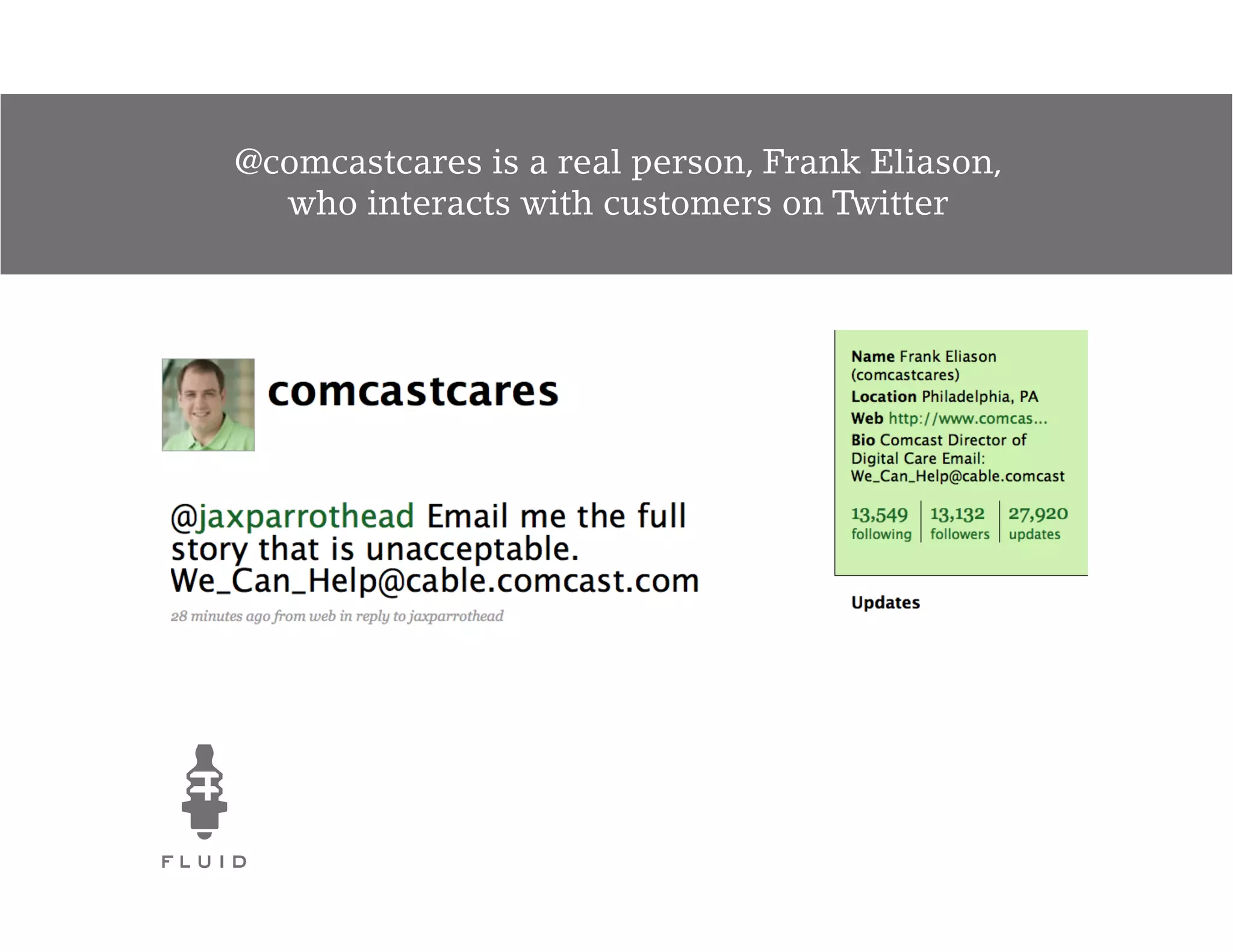 @comcastcares is a real person, Frank Eliason,
  who interacts with customers on Twitter
 