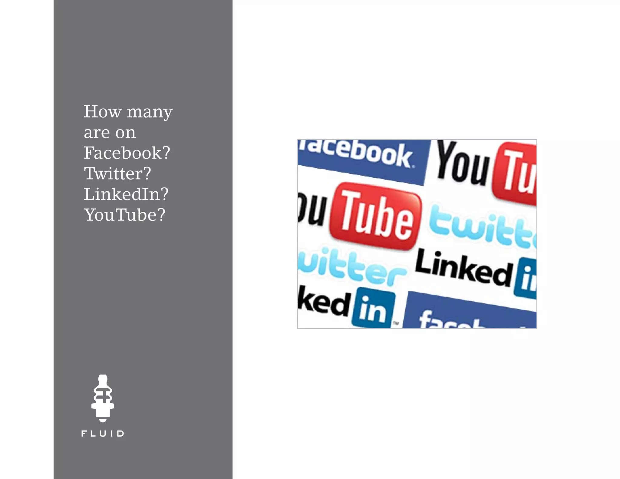 How many
are on
Facebook?
Twitter?
LinkedIn?
YouTube?
 