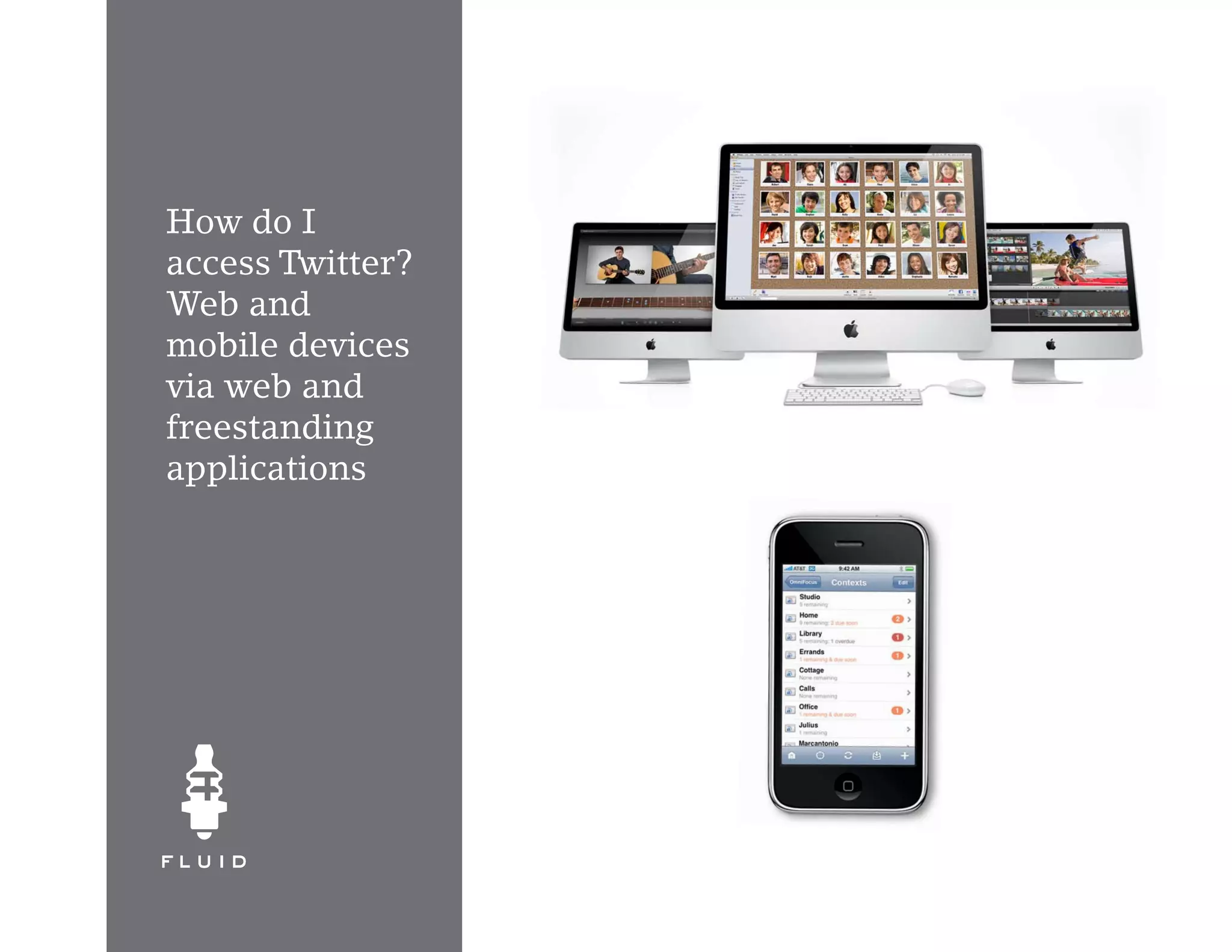 How do I
access Twitter?
Web and
mobile devices
via web and
freestanding
applications
 