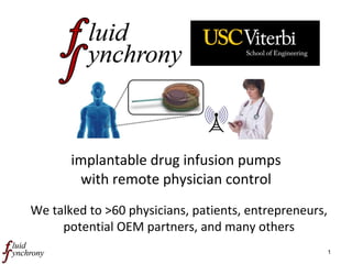 implantable drug infusion pumps with remote physician control We talked to >60 physicians, patients, entrepreneurs, potential OEM partners, and many others 