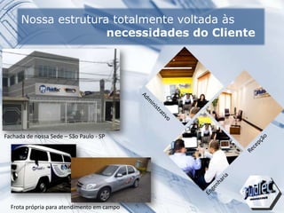 Nossa estrutura totalmente voltada às
necessidades do Cliente
Fachada de nossa Sede – São Paulo - SP
Frota própria para atendimento em campo
 