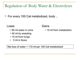 Regulation of Body Water & Electrolytes
 For every 100 Cal metabolized, body ..
Loses Gains
 65 ml water in urine
 40 ml by sweating
 15 ml from lungs
 5 ml in feces
 15 ml from metabolism
Net loss of water = 110 ml per 100 Cal metabolized
 