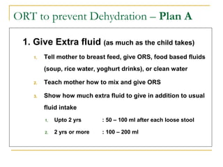ORT to prevent Dehydration – Plan A
1. Give Extra fluid (as much as the child takes)
1. Tell mother to breast feed, give ORS, food based fluids
(soup, rice water, yoghurt drinks), or clean water
2. Teach mother how to mix and give ORS
3. Show how much extra fluid to give in addition to usual
fluid intake
1. Upto 2 yrs : 50 – 100 ml after each loose stool
2. 2 yrs or more : 100 – 200 ml
 