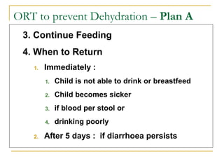 ORT to prevent Dehydration – Plan A
3. Continue Feeding
4. When to Return
1. Immediately :
1. Child is not able to drink or breastfeed
2. Child becomes sicker
3. if blood per stool or
4. drinking poorly
2. After 5 days : if diarrhoea persists
 