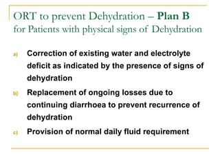 ORT to prevent Dehydration – Plan B
for Patients with physical signs of Dehydration
a) Correction of existing water and electrolyte
deficit as indicated by the presence of signs of
dehydration
b) Replacement of ongoing losses due to
continuing diarrhoea to prevent recurrence of
dehydration
c) Provision of normal daily fluid requirement
 