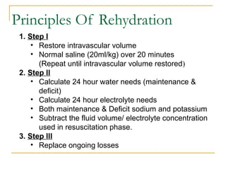 Principles Of Rehydration
1. Step I
• Restore intravascular volume
• Normal saline (20ml/kg) over 20 minutes
(Repeat until intravascular volume restored)
2. Step II
• Calculate 24 hour water needs (maintenance &
deficit)
• Calculate 24 hour electrolyte needs
• Both maintenance & Deficit sodium and potassium
• Subtract the fluid volume/ electrolyte concentration
used in resuscitation phase.
3. Step III
• Replace ongoing losses
 