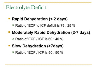 Electrolyte Deficit
 Rapid Dehydration (< 2 days)
 Ratio of ECF to ICF deficit is 75 : 25 %
 Moderately Rapid Dehydration (2-7 days)
 Ratio of ECF / ICF is 60 : 40 %
 Slow Dehydration (>7days)
 Ratio of ECF / ICF is 50 : 50 %
 