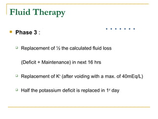 Fluid Therapy
 Phase 3 :
 Replacement of ½ the calculated fluid loss
(Deficit + Maintenance) in next 16 hrs
 Replacement of K+
(after voiding with a max. of 40mEq/L)
 Half the potassium deficit is replaced in 1st
day
 