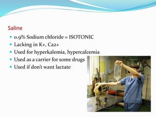 Saline
 0.9% Sodium chloride = ISOTONIC
 Lacking in K+, Ca2+
 Used for hyperkalemia, hypercalcemia
 Used as a carrier for some drugs
 Used if don’t want lactate
 