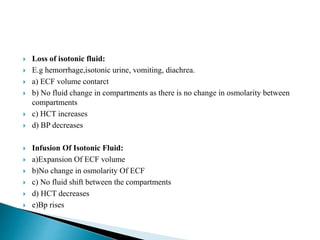  Loss of isotonic fluid:
 E.g hemorrhage,isotonic urine, vomiting, diachrea.
 a) ECF volume contarct
 b) No fluid change in compartments as there is no change in osmolarity between
compartments
 c) HCT increases
 d) BP decreases
 Infusion Of Isotonic Fluid:
 a)Expansion Of ECF volume
 b)No change in osmolarity Of ECF
 c) No fluid shift between the compartments
 d) HCT decreases
 e)Bp rises
 