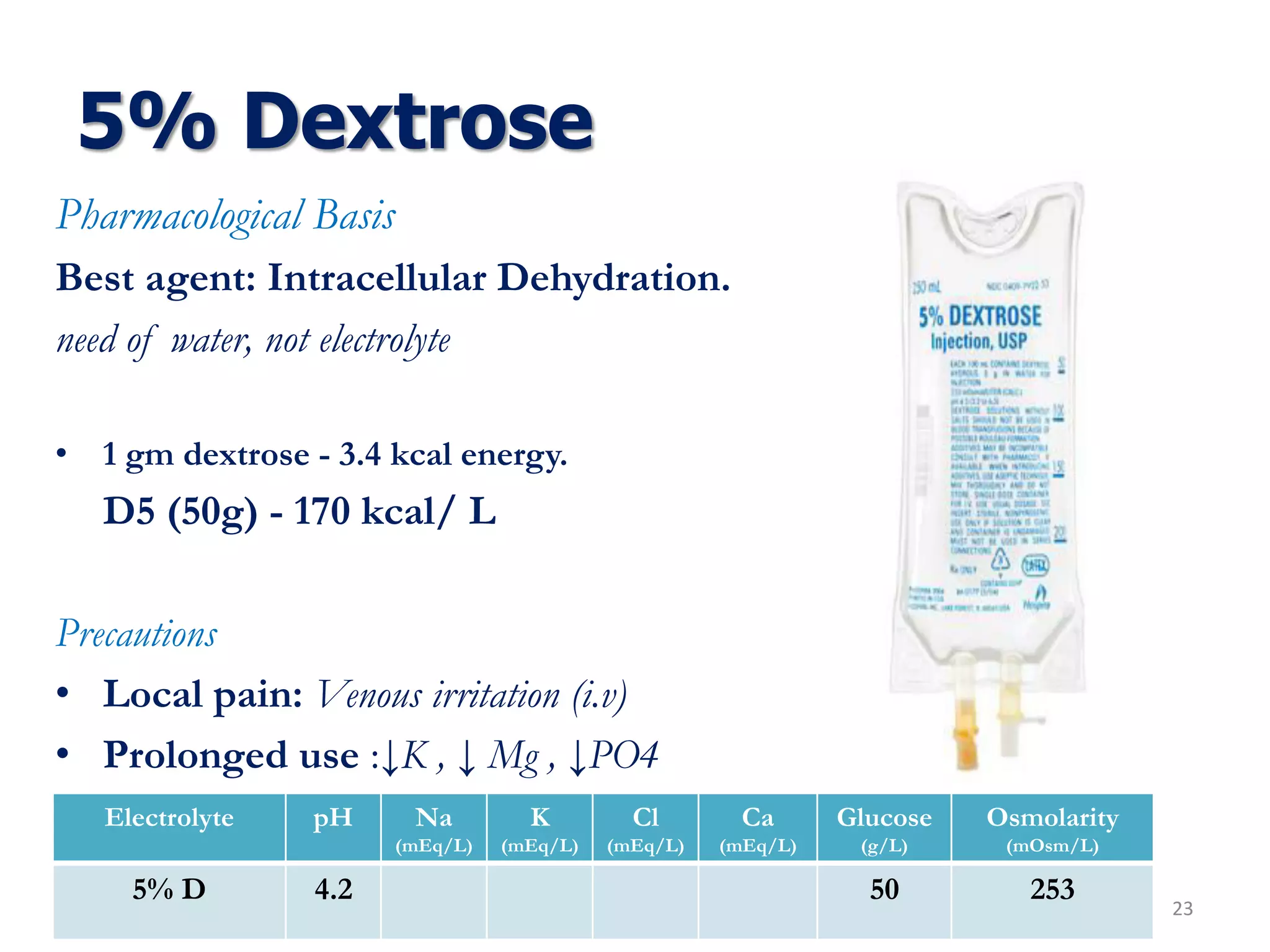 5% Dextrose
Pharmacological Basis
Best agent: Intracellular Dehydration.
need of water, not electrolyte
• 1 gm dextrose - 3.4 kcal energy.
D5 (50g) - 170 kcal/ L
Precautions
• Local pain: Venous irritation (i.v)
• Prolonged use :↓K , ↓ Mg , ↓PO4
23
Electrolyte pH Na
(mEq/L)
K
(mEq/L)
Cl
(mEq/L)
Ca
(mEq/L)
Glucose
(g/L)
Osmolarity
(mOsm/L)
5% D 4.2 50 253
 