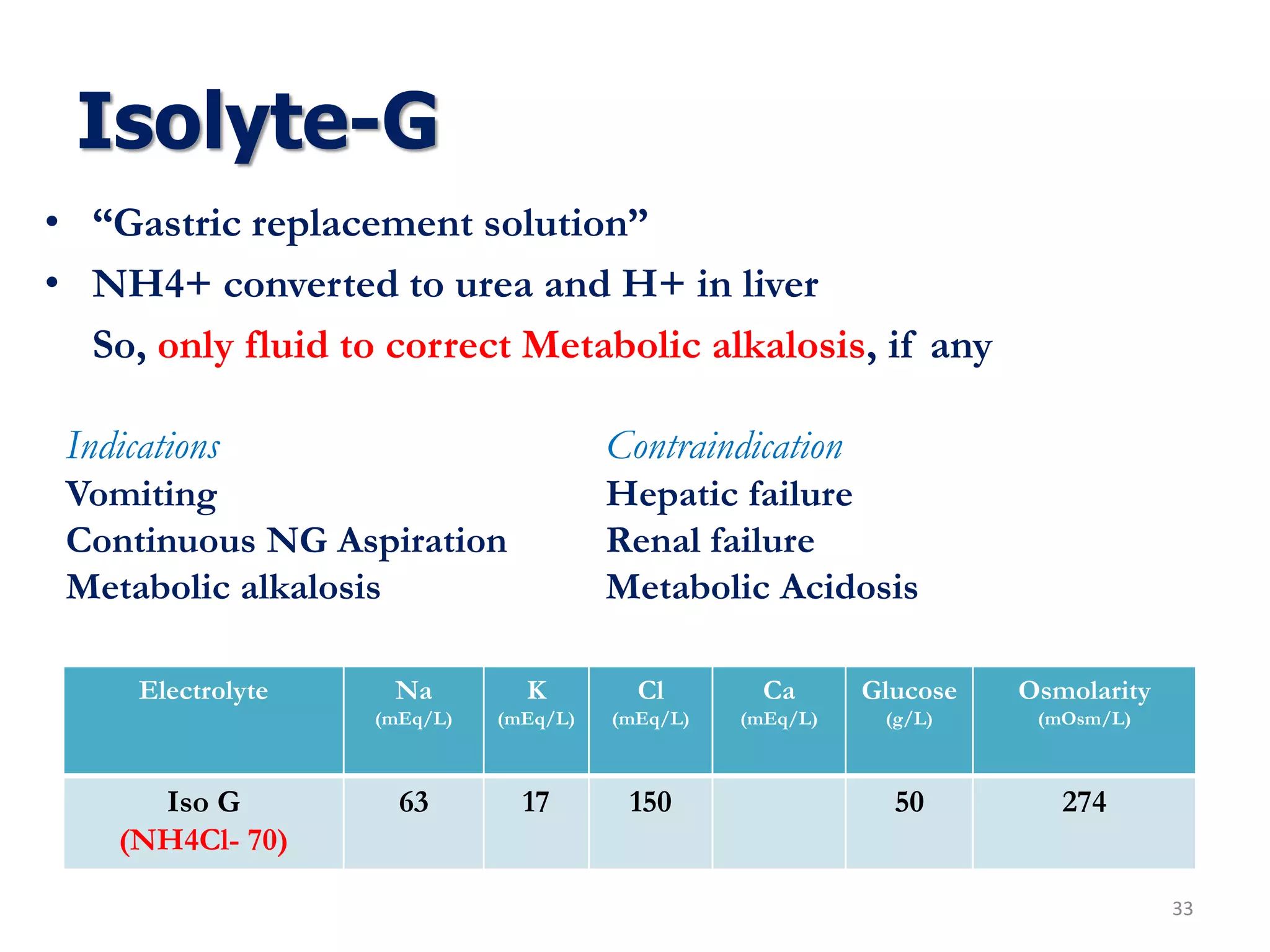 Isolyte-G
• “Gastric replacement solution”
• NH4+ converted to urea and H+ in liver
So, only fluid to correct Metabolic alkalosis, if any
33
Indications
Vomiting
Continuous NG Aspiration
Metabolic alkalosis
Contraindication
Hepatic failure
Renal failure
Metabolic Acidosis
Electrolyte Na
(mEq/L)
K
(mEq/L)
Cl
(mEq/L)
Ca
(mEq/L)
Glucose
(g/L)
Osmolarity
(mOsm/L)
Iso G
(NH4Cl- 70)
63 17 150 50 274
 
