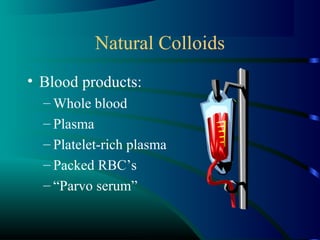 Natural Colloids
• Blood products:
– Whole blood
– Plasma
– Platelet-rich plasma
– Packed RBC’s
– “Parvo serum”
 