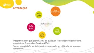 INTEGRAÇÃO
Integramos com qualquer sistema de qualquer fornecedor utilizando uma
Arquitetura Orientada a Serviços (SOA).
Somos uma plataforma independente que pode ser utilizada por qualquer
fornecedor.
 