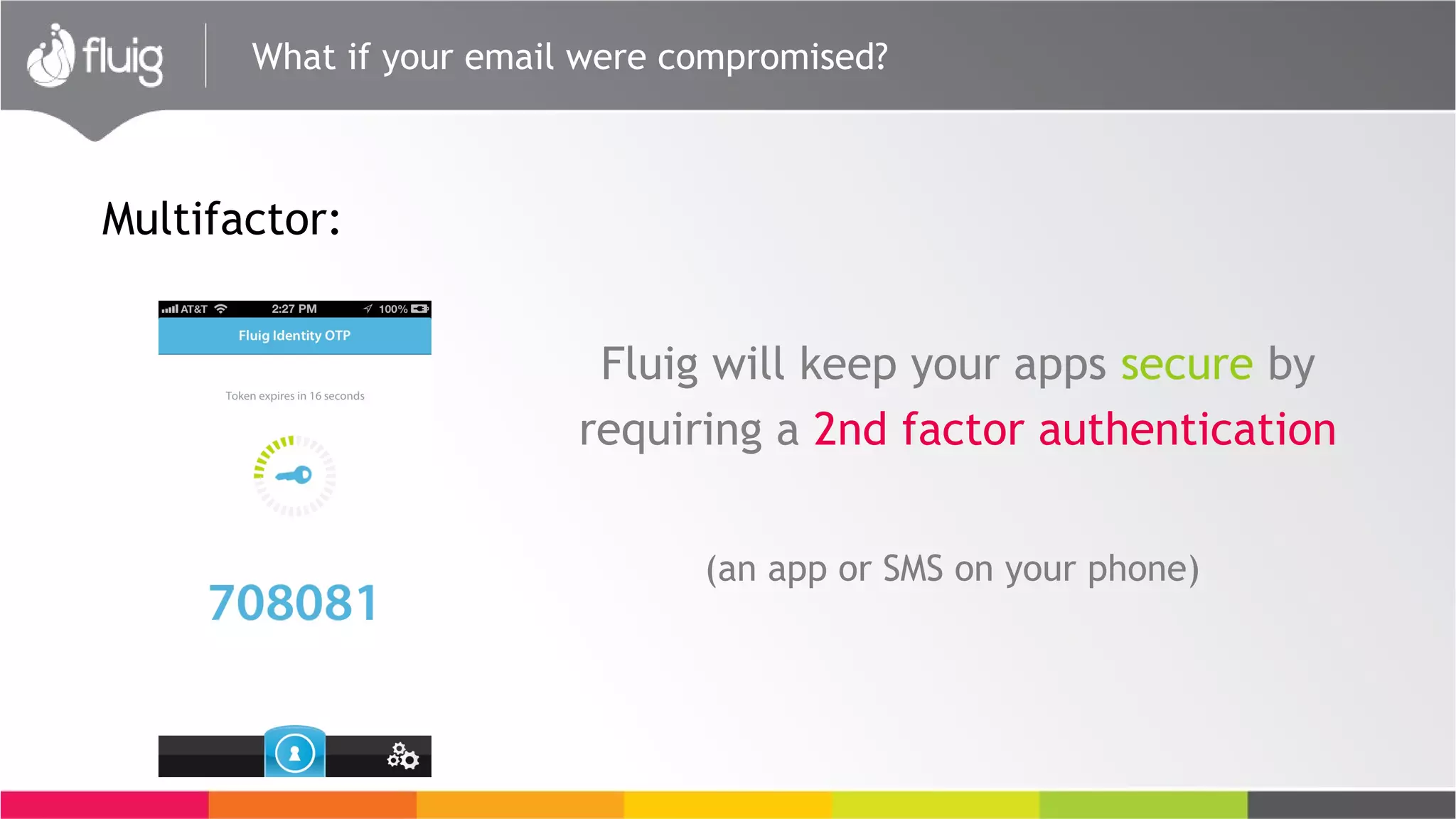 What if your email were compromised?
Fluig will keep your apps secure by
requiring a 2nd factor authentication
(an app or SMS on your phone)
Multifactor:
 