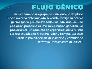Ocurre cuando un grupo de individuos se desplaza
hacia un área determinada llevando consigo su acervo
  génico (poza génica). No todos los individuos de una
 población poseen la misma combinación genética. La
 población es un conjunto de organismos de la misma
 especie situados en el mismo lugar y tiempo. Los seres
     tienen la posibilidad de desplazarse y cambiar de
                       territorio (movimiento de alelos).
 