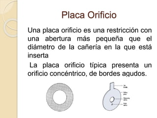 Placa Orificio
Una placa orificio es una restricción con
una abertura más pequeña que el
diámetro de la cañería en la que está
inserta
La placa orificio típica presenta un
orificio concéntrico, de bordes agudos.
 