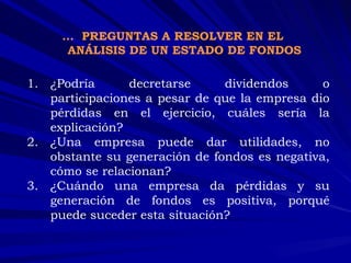 …  PREGUNTAS A RESOLVER EN EL ANÁLISIS DE UN ESTADO DE FONDOS ¿Podría decretarse dividendos o participaciones a pesar de que la empresa dio pérdidas en el ejercicio, cuáles sería la explicación?  ¿Una empresa puede dar utilidades, no obstante su generación de fondos es negativa, cómo se relacionan? ¿Cuándo una empresa da pérdidas y su generación de fondos es positiva, porqué puede suceder esta situación? 