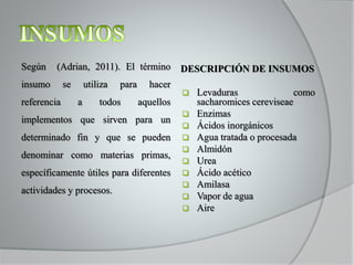 Según (Adrian, 2011). El término
insumo se utiliza para hacer
referencia a todos aquellos
implementos que sirven para un
determinado fin y que se pueden
denominar como materias primas,
específicamente útiles para diferentes
actividades y procesos.
DESCRIPCIÓN DE INSUMOS
 Levaduras como
sacharomices cereviseae
 Enzimas
 Ácidos inorgánicos
 Agua tratada o procesada
 Almidón
 Urea
 Ácido acético
 Amilasa
 Vapor de agua
 Aire
 