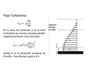 Flujo Turbulento:
En la zona de transición y en la zona
turbulenta las fuerzas viscosas pierden
importanciafrente a las inerciales.
𝜏D = 	𝜌𝑘F 𝑦F
𝑑𝑣I
𝐷𝑦
F
Donde K es la constante universal de
Prandtl– Von Kárman,igual a 0.4
𝜏D = 	𝜇
𝑑𝑣
𝑑𝑦
 