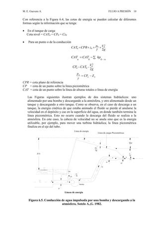 M. E. Guevara A. FLUJO A PRESIÓN 10
Con referencia a la Figura 6.4, las cotas de energía se pueden calcular de diferentes
formas según la información que se tenga:
 En el tanque de carga
Cota nivel = CAT0 = CP0 = Cz0
 Para un punto n de la conducción
CPR = cota plano de referencia
CP = cota de un punto sobre la línea piezométrica
CAT = cota de un punto sobre la línea de alturas totales o línea de energía
Las Figuras siguientes ilustran ejemplos de dos sistemas hidráulicos: uno
alimentado por una bomba y descargando a la atmósfera, y otro alimentado desde un
tanque y descargando a otro tanque. Como se observa, en el caso de descarga a un
tanque, la energía cinética de que estaba animado el fluido se pierde al anularse la
velocidad en el depósito y cae en la superficie del agua, en donde también termina la
línea piezométrica. Esto no ocurre cuando la descarga del fluido se realiza a la
atmósfera. En este caso, la cabeza de velocidad no se anula sino que es la energía
utilizable, por ejemplo, para mover una turbina hidráulica; la línea piezométrica
finaliza en el eje del tubo.
Líneas de energía
D
Bomba
D
D"
0 1
P1
2
1
hr
0
2
Vt
2g
H b
Vt
3 4
2
Vt
2g
hr
2
V4
2g
Vc
Línea de energía
Línea de cargas Piezométricas
Figura 6.5. Conducción de agua impulsada por una bomba y descargando a la
atmósfera. Sotelo A.,G. 1982.
n00n 
 hpCATCAT
g
VCATCP
2
2
n
nn 
nn
n
ZCP
p


g
VpzCPRCAT
2
2
nn
nn 

 