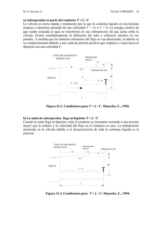 M. E. Guevara A. FLUJO A PRESIÓN 34
a) Sobrepresión en parte del conducto T  L / C
La válvula se cierra rápida y totalmente por lo que la columna líquida en movimiento
empieza a detenerse pasando de una velocidad V = Vo a V = 0. La energía cinética de
que estaba animada el agua se transforma en una sobrepresión h que actúa sobre la
válvula. Ocurre simultáneamente la dilatación del tubo y esfuerzos internos en sus
paredes. A medida que los distintos elementos del flujo se van deteniendo, la tubería se
va compresionando debido a una onda de presión positiva que empieza a viajar hacia el
depósito con una celeridad C.
Ho
V = 0
V = Vo
L
Depósito C
L.E
h
Sobrepresión real
Sobrepresión
teórica
LÍNEA DE GRADIENTE
HIDRÁULICO
b) La onda de sobrepresión llega al depósito T = L / C
Cuando la onda llega al depósito, todo el conducto se encuentra sometido a una presión
mayor que la estática y la velocidad del flujo en el conducto es cero. La sobrepresión
alcanzada en la válvula debido a la desaceleración de toda la columna líquida es la
máxima.
Sobrepresión
teórica
L.E
Depósito
L
Sobrepresión real
V = 0
Ho
h
LÍNEA DE GRADIENTE
HIDRÁULICO
Figura 11.2. Condiciones para T < L / C. Mancebo, U., 1994.
Figura 11.3. Condiciones para T = L / C. Mancebo, U., 1994.
 