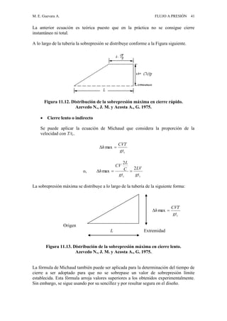 M. E. Guevara A. FLUJO A PRESIÓN 41
La anterior ecuación es teórica puesto que en la práctica no se consigue cierre
instantáneo ni total.
A lo largo de la tubería la sobrepresión se distribuye conforme a la Figura siguiente.
Figura 11.12. Distribución de la sobrepresión máxima en cierre rápido.
Azevedo N., J. M. y Acosta A., G. 1975.
 Cierre lento o indirecto
Se puede aplicar la ecuación de Michaud que considera la proporción de la
velocidad con T/tc.
cgt
CVT
h  max
o,
cc gt
LV
gt
C
L
CV
h
2
2
max 
La sobrepresión máxima se distribuye a lo largo de la tubería de la siguiente forma:
cgt
CVT
h  max
Origen
L Extremidad
Figura 11.13. Distribución de la sobrepresión máxima en cierre lento.
Azevedo N., J. M. y Acosta A., G. 1975.
La fórmula de Michaud también puede ser aplicada para la determinación del tiempo de
cierre a ser adoptado para que no se sobrepase un valor de sobrepresión límite
establecida. Esta fórmula arroja valores superiores a los obtenidos experimentalmente.
Sin embargo, se sigue usando por su sencillez y por resultar segura en el diseño.
 