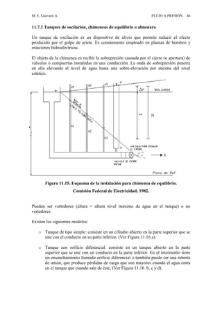 M. E. Guevara A. FLUJO A PRESIÓN 46
11.7.2 Tanques de oscilación, chimeneas de equilibrio o almenara
Un tanque de oscilación es un dispositivo de alivio que permite reducir el efecto
producido por el golpe de ariete. Es comúnmente empleado en plantas de bombeo y
estaciones hidroeléctricas.
El objeto de la chimenea es recibir la sobrepresión causada por el cierre (o apertura) de
válvulas o compuertas instaladas en una conducción. La onda de sobrepresión penetra
en ella elevando el nivel de agua hasta una sobre-elevación por encima del nivel
estático.
Figura 11.15. Esquema de la instalación para chimenea de equilibrio.
Comisión Federal de Electricidad. 1982.
Pueden ser vertedores (altura < altura nivel máximo de agua en el tanque) o no
vertedores.
Existen los siguientes modelos:
o Tanque de tipo simple: consiste en un cilindro abierto en la parte superior que se
une con el conducto en su parte inferior, (Ver Figura 11.16 a).
o Tanque con orificio diferencial: consiste en un tanque abierto en la parte
superior que se une con un conducto en la parte inferior. En el intermedio tiene
un ensanchamiento llamado orificio diferencial o también puede ser una tubería
de unión, que produce pérdidas de carga que son mayores cuando el agua entra
en el tanque que cuando sale de éste, (Ver Figura 11.16 b, c y d).
 