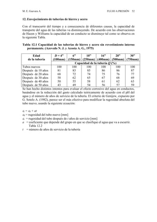 M. E. Guevara A. FLUJO A PRESIÓN 52
12. Envejecimiento de tuberías de hierro y acero
Con el transcurrir del tiempo y a consecuencia de diferentes causas, la capacidad de
transporte del agua de las tuberías va disminuyendo. De acuerdo con las observaciones
de Hazen y Williams la capacidad de un conducto se disminuye tal como se observa en
la siguiente Tabla.
Tabla 12.1 Capacidad de las tuberías de hierro y acero sin revestimiento interno
permanente. (Azevedo N. J. y Acosta A. G., 1975)
Edad
de la tubería
D = 4”
(100mm)
6”
(150mm)
10”
(250mm)
16”
(400mm)
20”
(500mm)
30”
(750mm)
Capacidad de la tubería Q (%)
Tubos nuevos
Después de 10 años
Después de 20 años
Después de 30 años
Después de 40 años
Después de 50 años
100
81
68
58
50
43
100
83
72
62
55
49
100
85
74
65
58
54
100
86
75
67
61
56
100
86
76
68
62
57
100
87
77
69
63
59
Se han hecho distintos intentos para evaluar el efecto corrosivo del agua en conductos,
basándose en la reducción del gasto calculado teóricamente de acuerdo con el pH del
agua y el número de años de servicio de la tubería. El criterio de Genijew, expuesto por
G. Sotelo A. (1982), parece ser el más efectivo para modificar la rugosidad absoluta del
tubo nuevo, usando la siguiente ecuación:
t = 0 + at
0 = rugosidad del tubo nuevo [mm]
t = rugosidad del tubo después de t años de servicio [mm]
a = coeficiente que depende del grupo en que se clasifique el agua que va a escurrir.
Tabla 12.2
t = número de años de servicio de la tubería
 