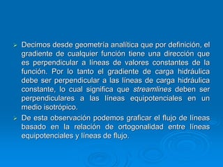 Decimos desde geometría analítica que por definición, el
gradiente de cualquier función tiene una dirección que
es perpendicular a líneas de valores constantes de la
función. Por lo tanto el gradiente de carga hidráulica
debe ser perpendicular a las líneas de carga hidráulica
constante, lo cual significa que streamlines deben ser
perpendiculares a las líneas equipotenciales en un
medio isotrópico.
De esta observación podemos graficar el flujo de líneas
basado en la relación de ortogonalidad entre líneas
equipotenciales y líneas de flujo.

 